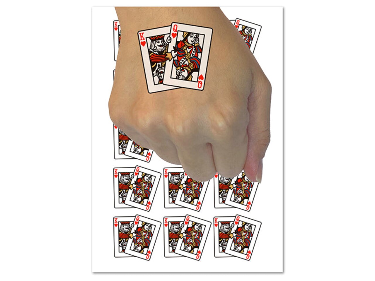 King and Queen of Hearts Playing Cards Temporary Tattoo Water Resistant Fake Body Art Set Collection (1 Sheet)